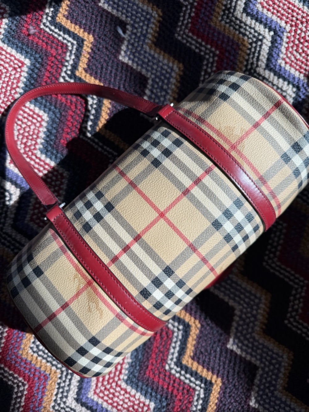 Burberry Beige Plaid Barrel Bag with Red Trim